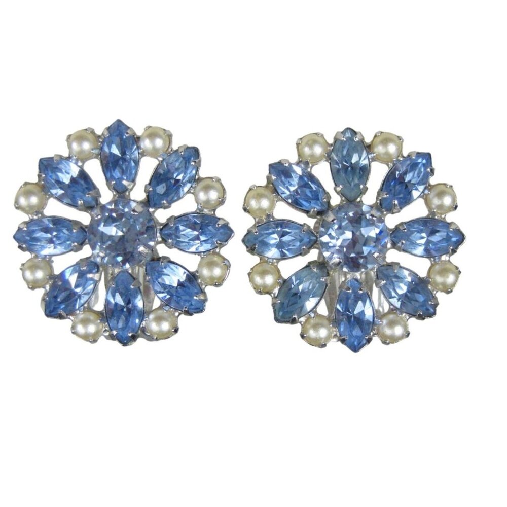 B David Earrings CLIP ON Silvertone Imitation Pearl Marquise Rhinestones Vintage